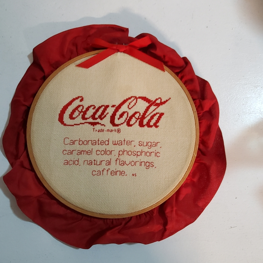 Coke Coca-Cola Needlepoint in 10" Wooden Frame Retro Homemade. Vintage.